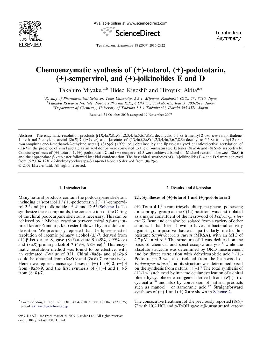 Chemoenzymatic synthesis of (+)-totarol, (+)-podototarin, (+)-sempervirol, and (+)-jolkinolides E and D