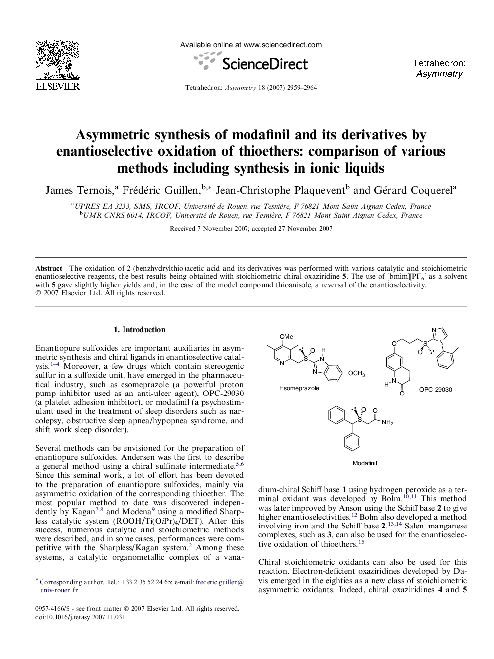 Asymmetric synthesis of modafinil and its derivatives by enantioselective oxidation of thioethers: comparison of various methods including synthesis in ionic liquids