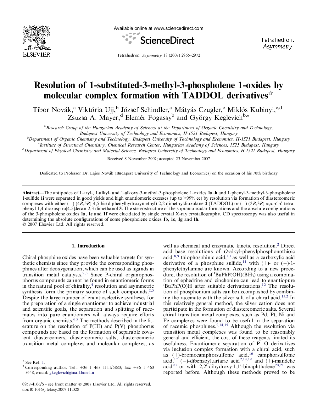 Resolution of 1-substituted-3-methyl-3-phospholene 1-oxides by molecular complex formation with TADDOL derivatives 