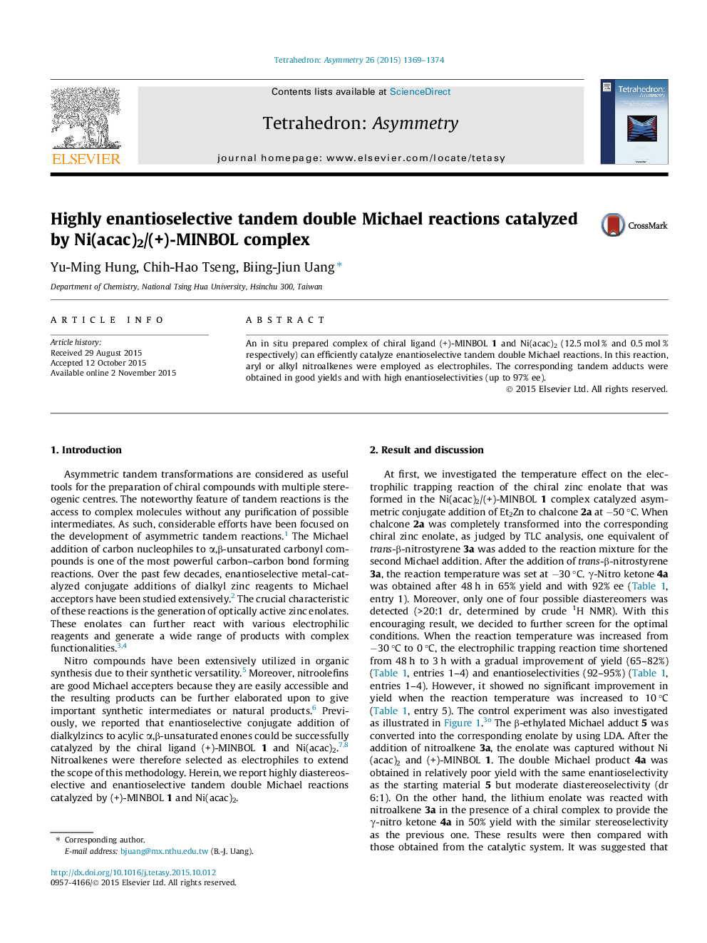 Highly enantioselective tandem double Michael reactions catalyzed by Ni(acac)2/(+)-MINBOL complex