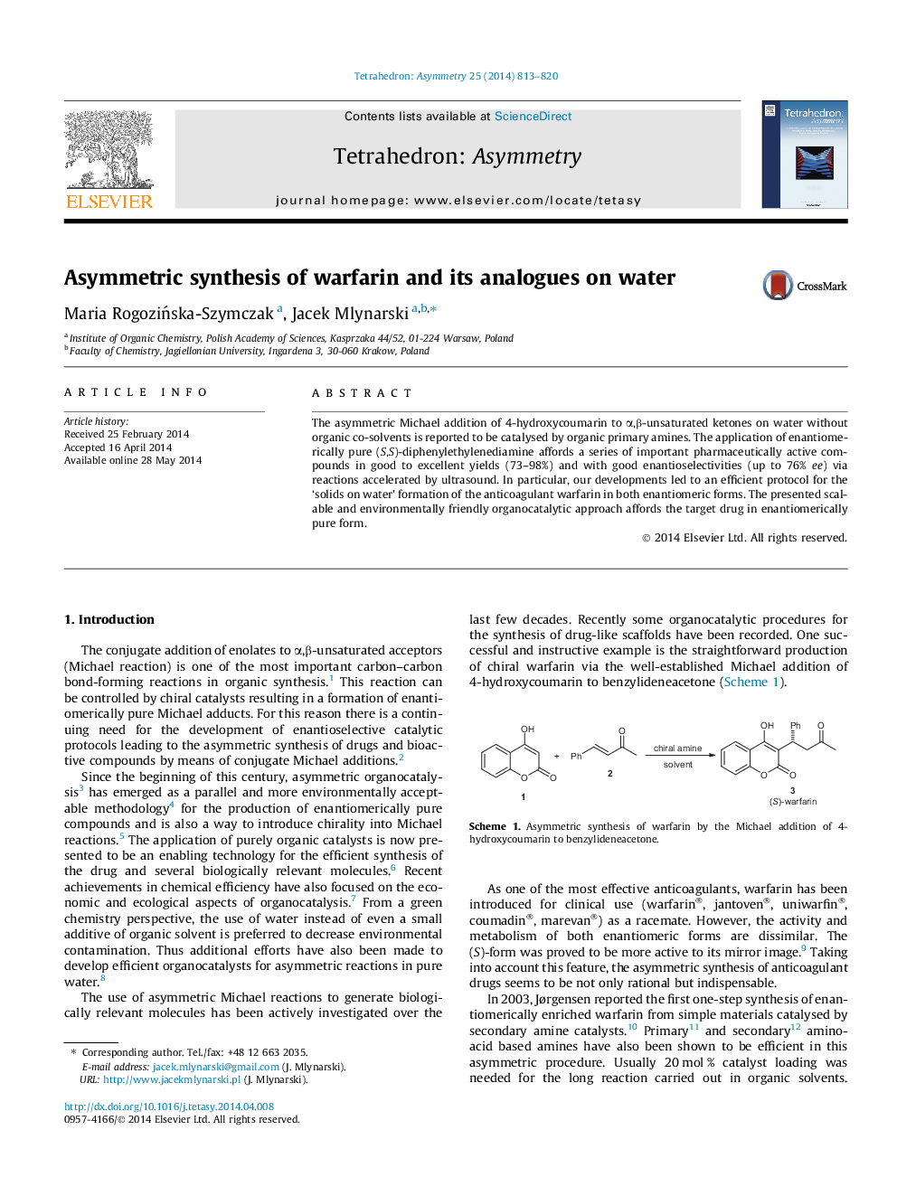 Asymmetric synthesis of warfarin and its analogues on water
