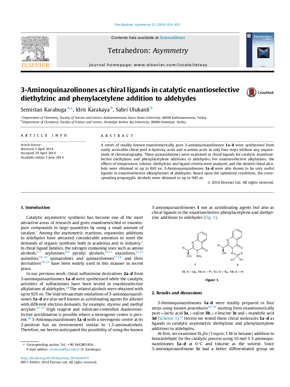 3-Aminoquinazolinones as chiral ligands in catalytic enantioselective diethylzinc and phenylacetylene addition to aldehydes