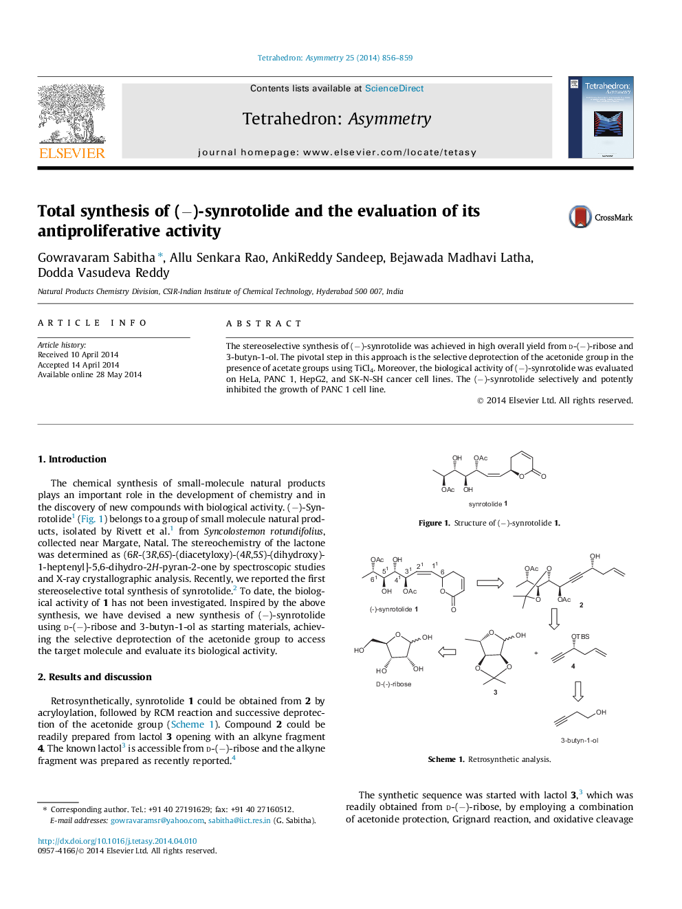 Total synthesis of (−)-synrotolide and the evaluation of its antiproliferative activity