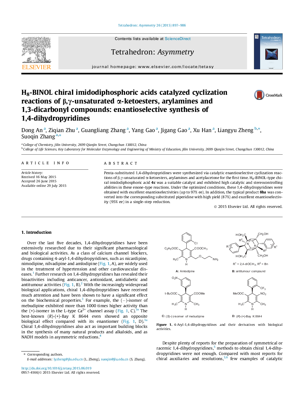 H8-BINOL chiral imidodiphosphoric acids catalyzed cyclization reactions of β,γ-unsaturated α-ketoesters, arylamines and 1,3-dicarbonyl compounds: enantioselective synthesis of 1,4-dihydropyridines