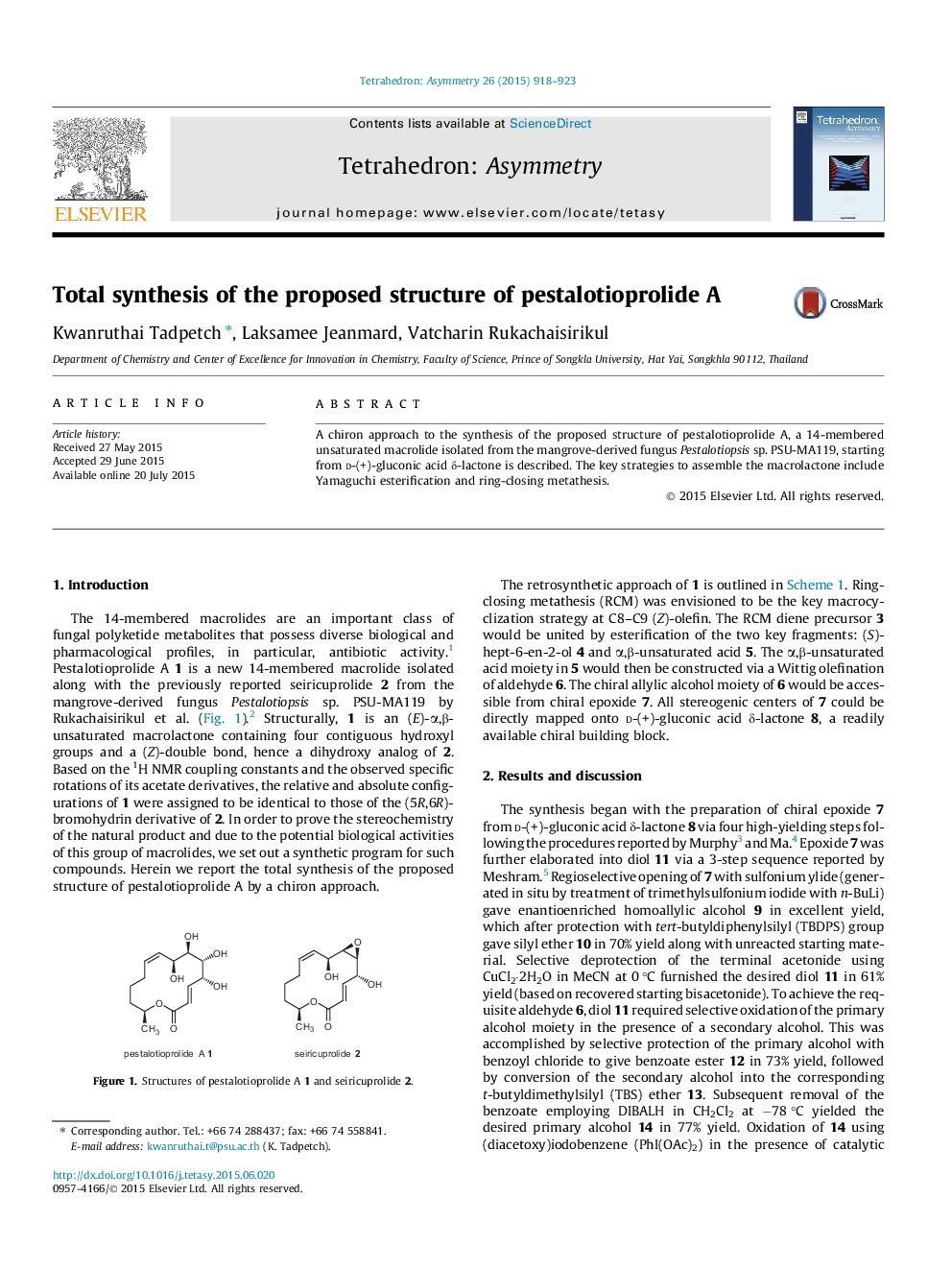 عکس صفحه اول مقاله: Total synthesis of the proposed structure of pestalotioprolide A Total synthesis of the proposed structure of pestalotioprolide A