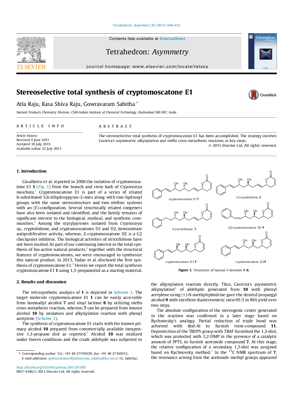 عکس صفحه اول مقاله: Stereoselective total synthesis of cryptomoscatone E1 Stereoselective total synthesis of cryptomoscatone E1