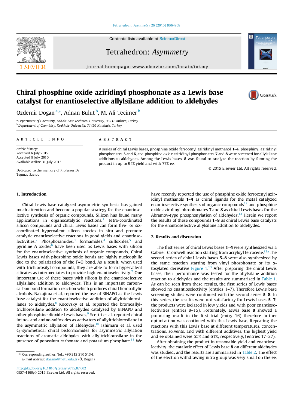 عکس صفحه اول مقاله: Chiral phosphine oxide aziridinyl phosphonate as a Lewis base catalyst for enantioselective allylsilane addition to aldehydes Chiral phosphine oxide aziridinyl phosphonate as a Lewis base catalyst for enantioselective allylsilane addition to aldehydes