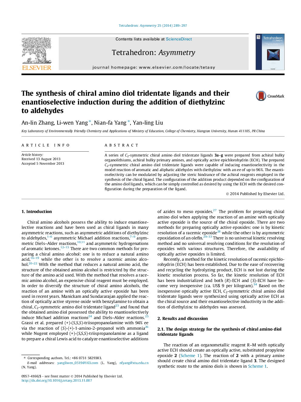 The synthesis of chiral amino diol tridentate ligands and their enantioselective induction during the addition of diethylzinc to aldehydes