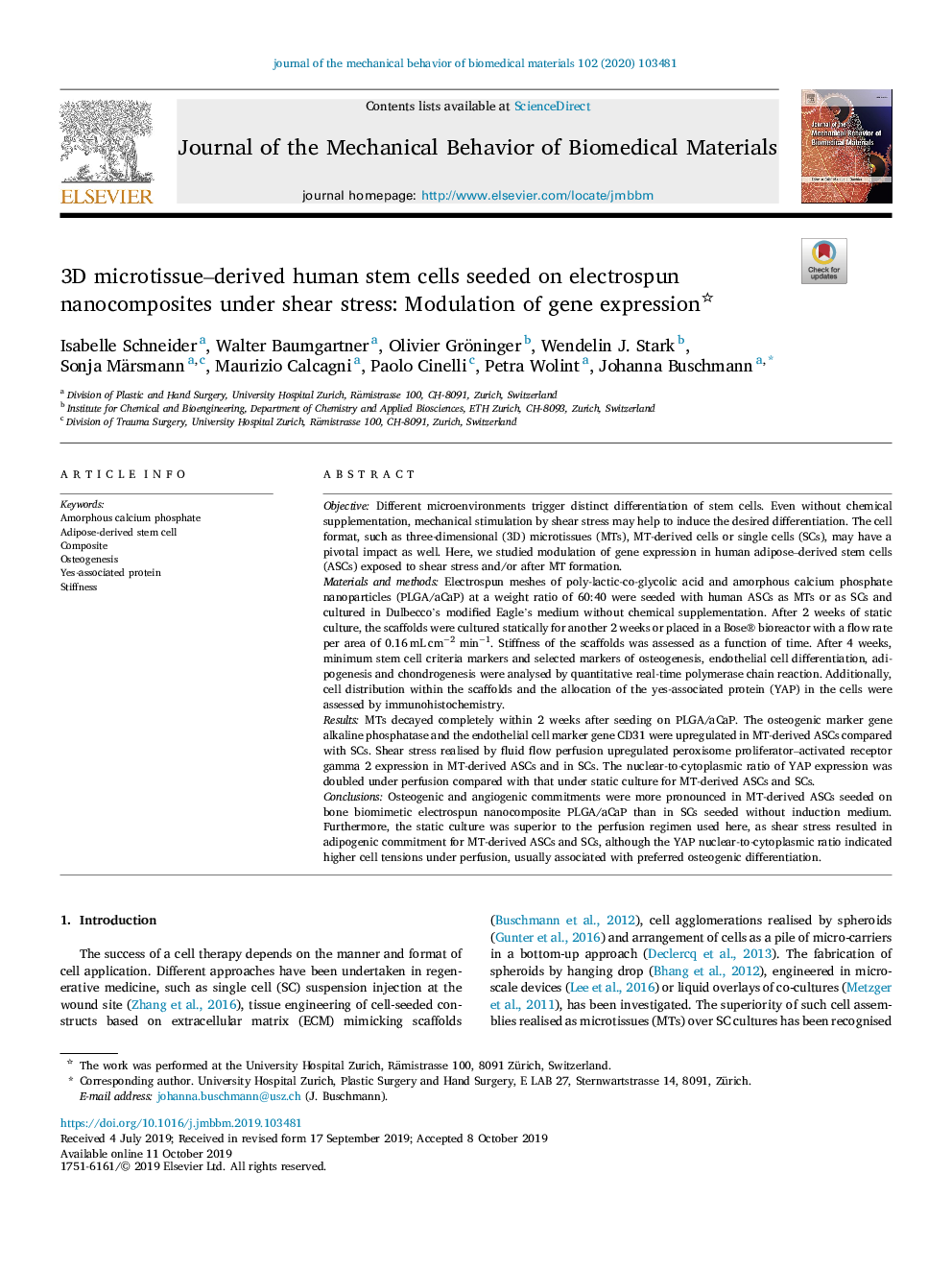 3D microtissue-derived human stem cells seeded on electrospun nanocomposites under shear stress: Modulation of gene expression