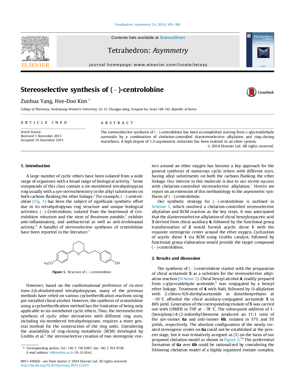 Stereoselective synthesis of (−)-centrolobine