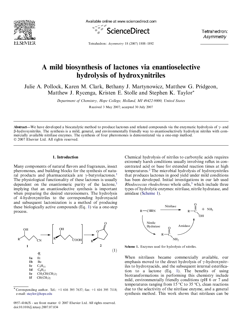 A mild biosynthesis of lactones via enantioselective hydrolysis of hydroxynitriles