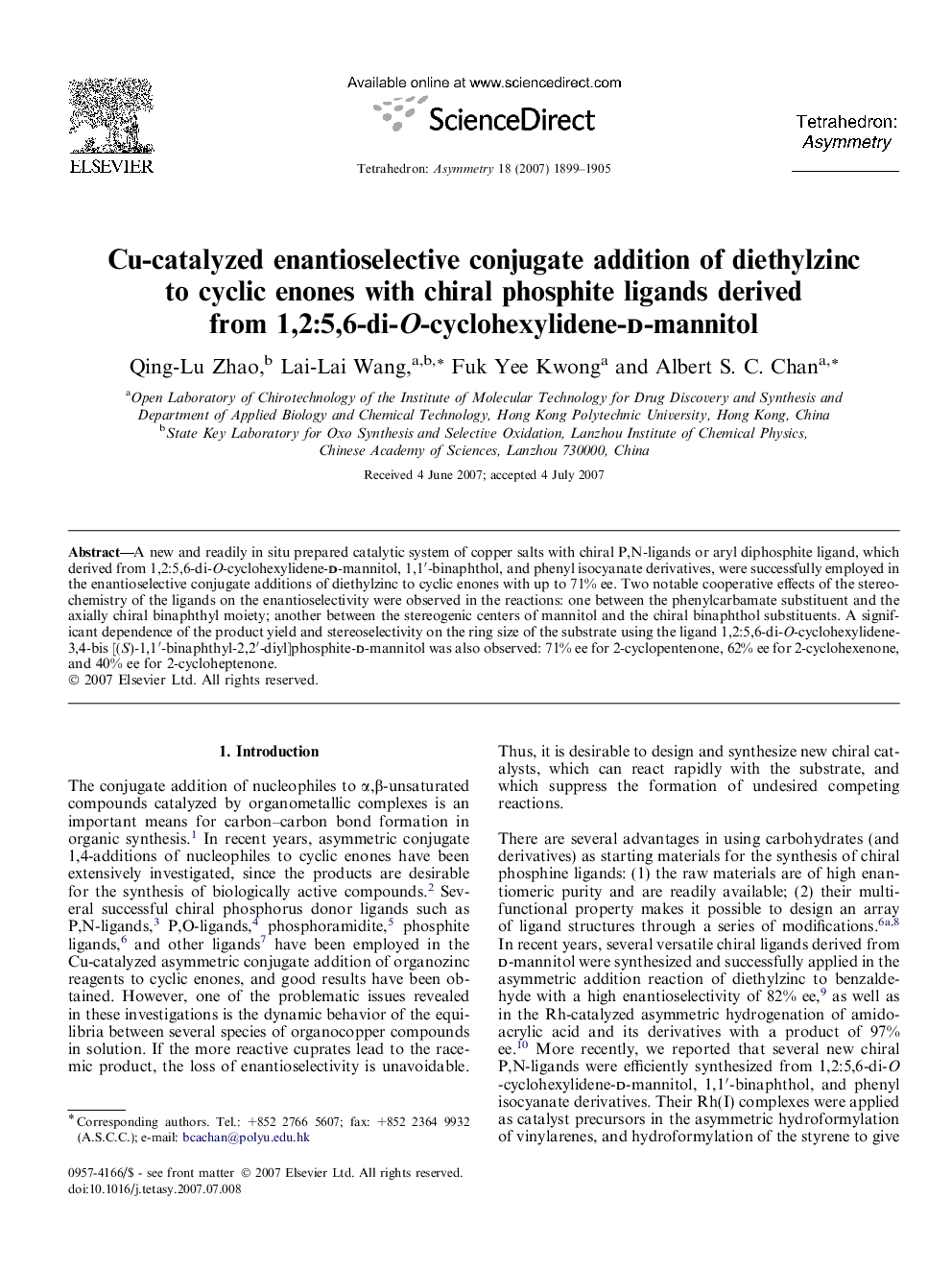 Cu-catalyzed enantioselective conjugate addition of diethylzinc to cyclic enones with chiral phosphite ligands derived from 1,2:5,6-di-O-cyclohexylidene-d-mannitol