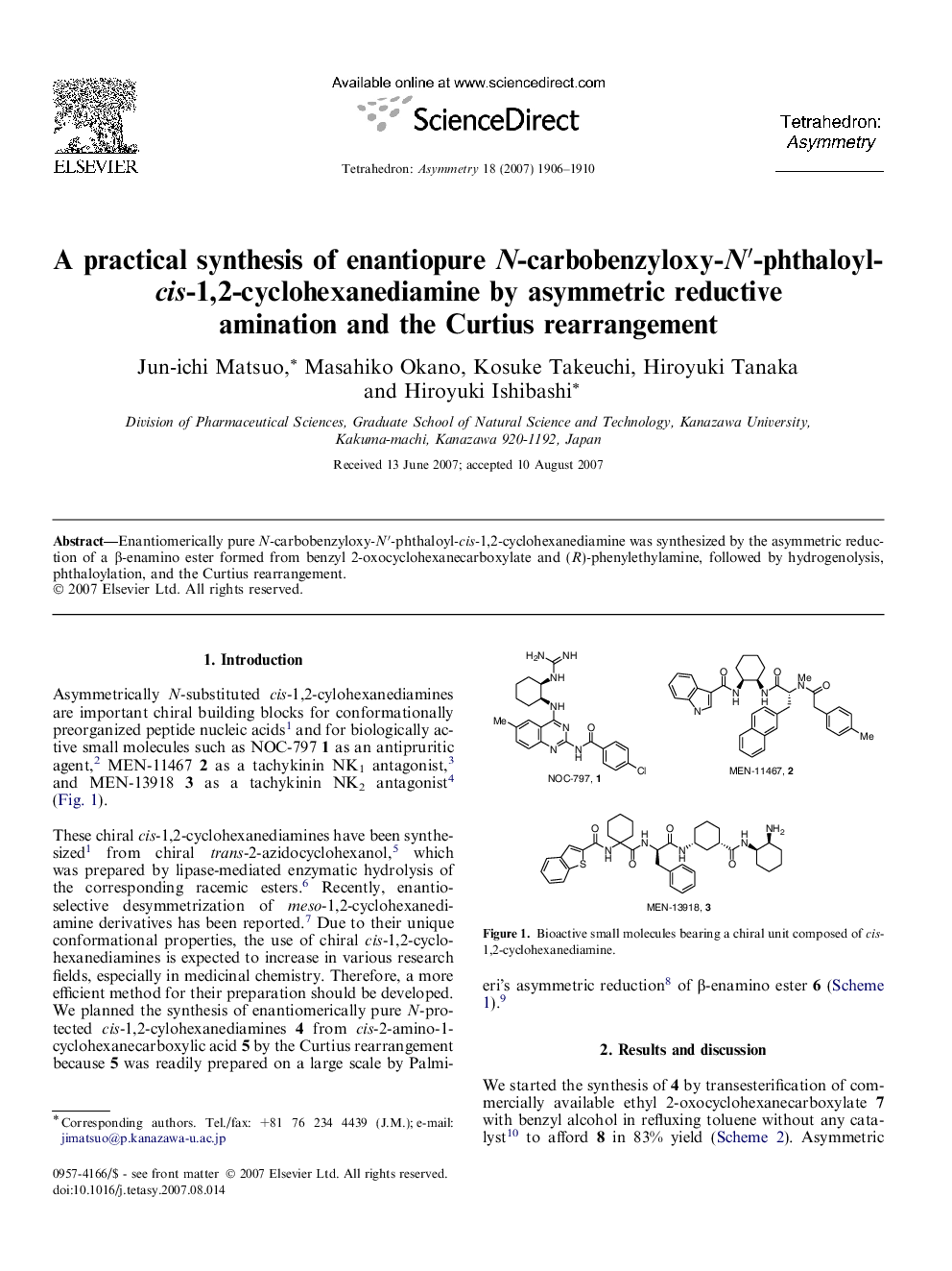 A practical synthesis of enantiopure N-carbobenzyloxy-N′-phthaloyl-cis-1,2-cyclohexanediamine by asymmetric reductive amination and the Curtius rearrangement