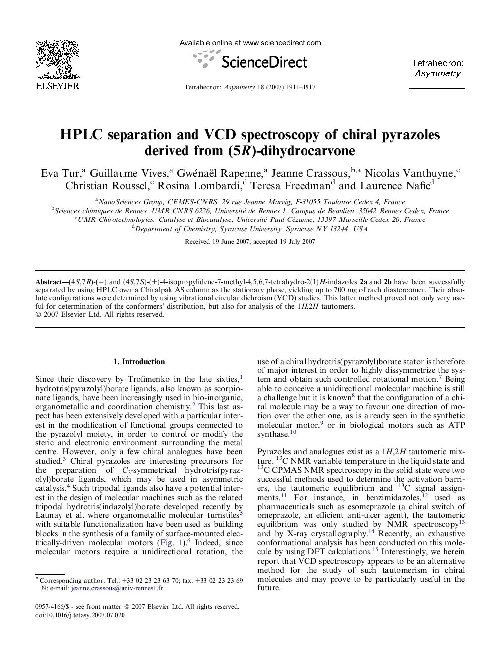 HPLC separation and VCD spectroscopy of chiral pyrazoles derived from (5R)-dihydrocarvone