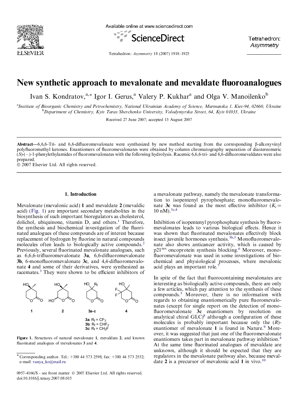 New synthetic approach to mevalonate and mevaldate fluoroanalogues