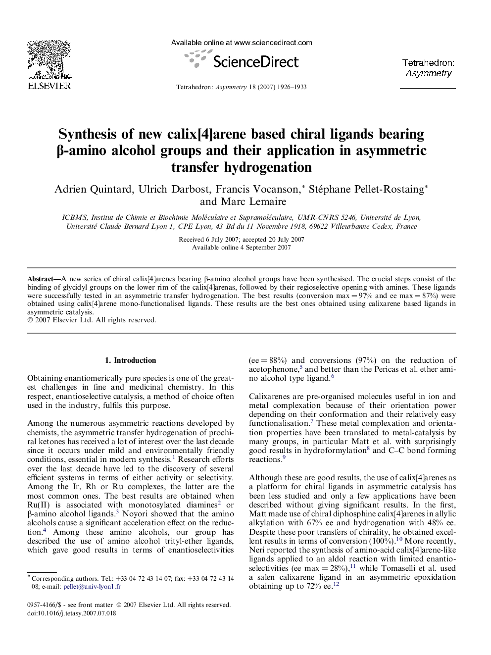 Synthesis of new calix[4]arene based chiral ligands bearing β-amino alcohol groups and their application in asymmetric transfer hydrogenation