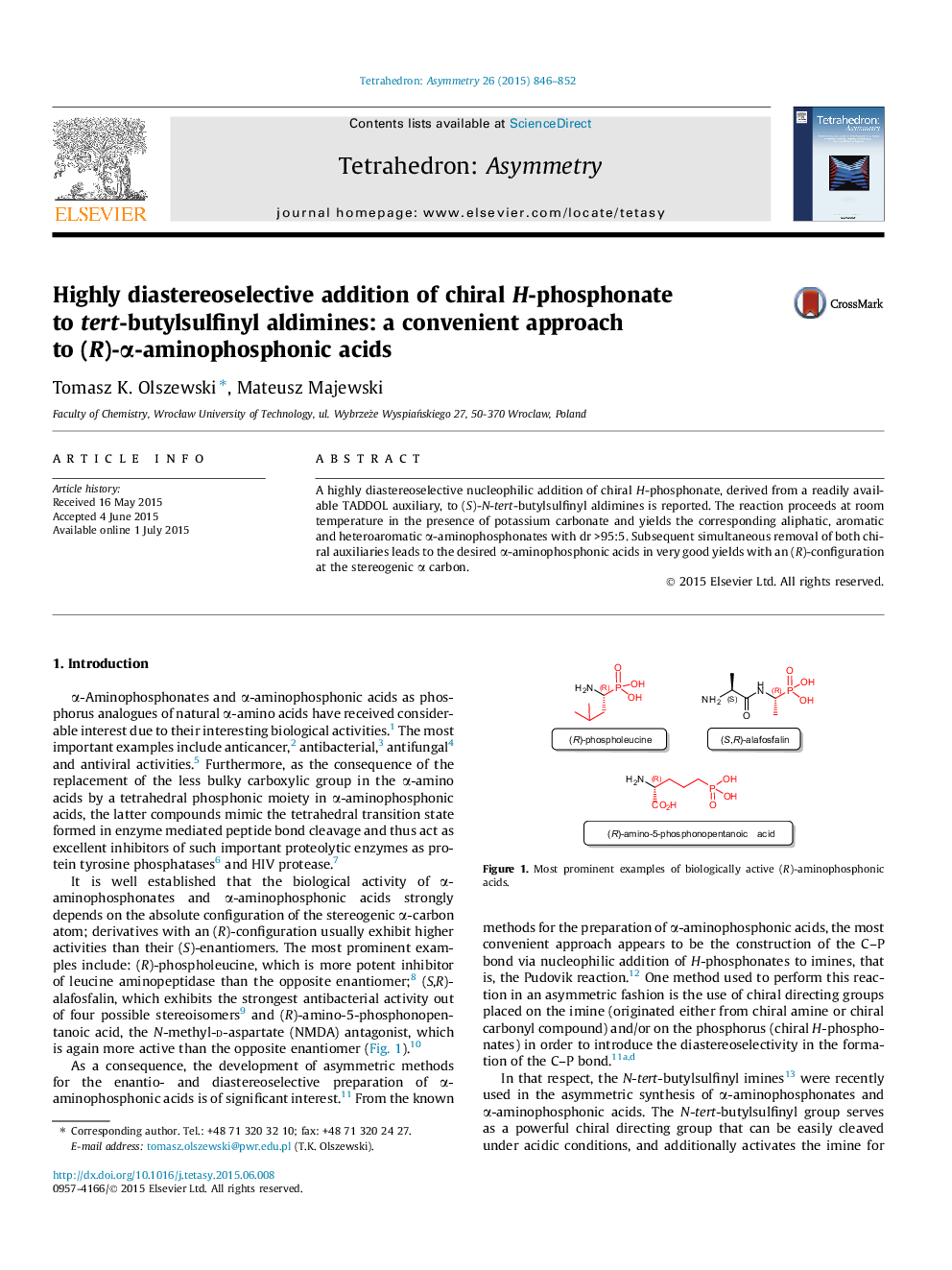 Highly diastereoselective addition of chiral H-phosphonate to tert-butylsulfinyl aldimines: a convenient approach to (R)-α-aminophosphonic acids