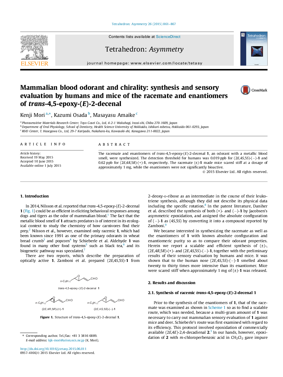 Mammalian blood odorant and chirality: synthesis and sensory evaluation by humans and mice of the racemate and enantiomers of trans-4,5-epoxy-(E)-2-decenal