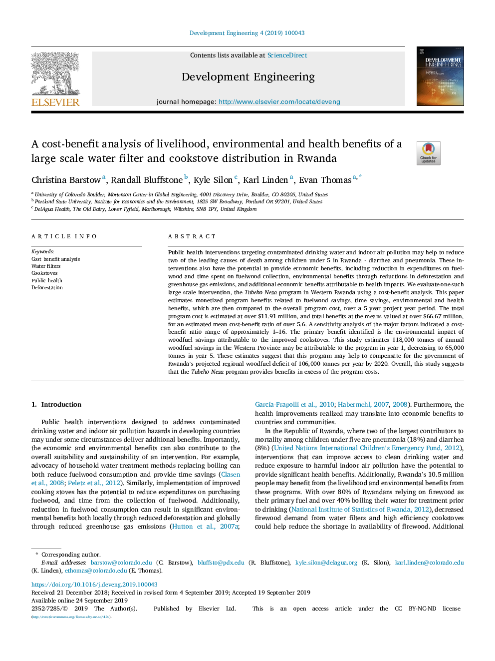 A cost-benefit analysis of livelihood, environmental and health benefits of a large scale water filter and cookstove distribution in Rwanda