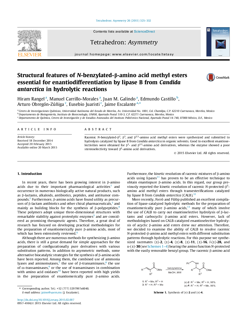 Structural features of N-benzylated-β-amino acid methyl esters essential for enantiodifferentiation by lipase B from Candida antarctica in hydrolytic reactions