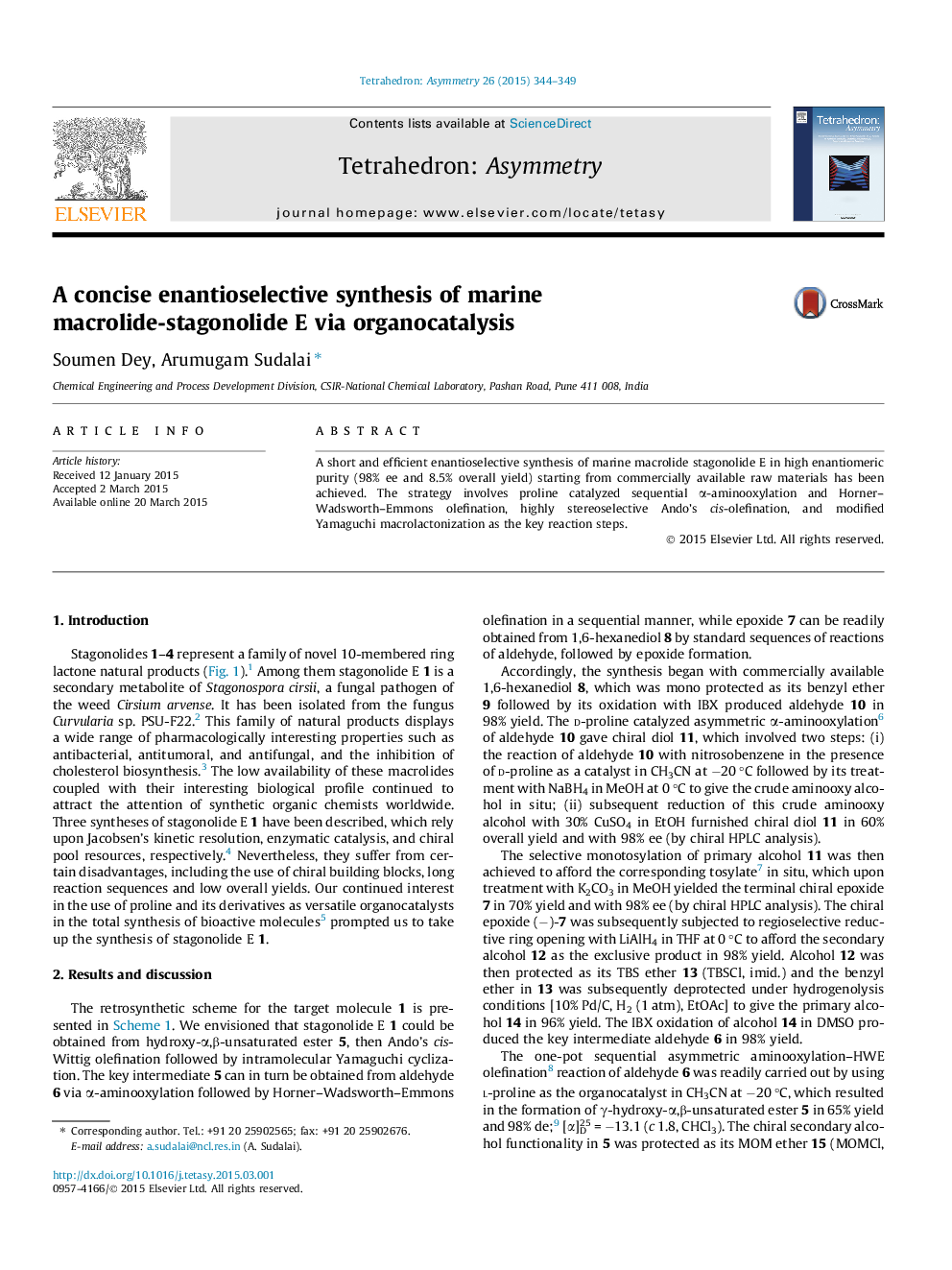 A concise enantioselective synthesis of marine macrolide-stagonolide E via organocatalysis