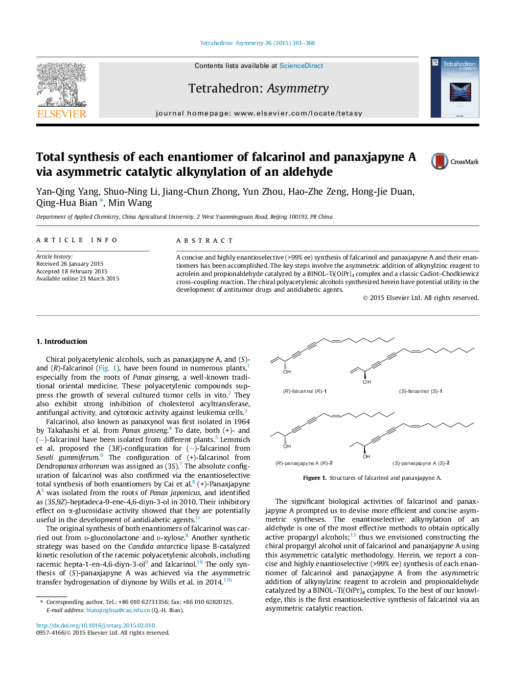 Total synthesis of each enantiomer of falcarinol and panaxjapyne A via asymmetric catalytic alkynylation of an aldehyde