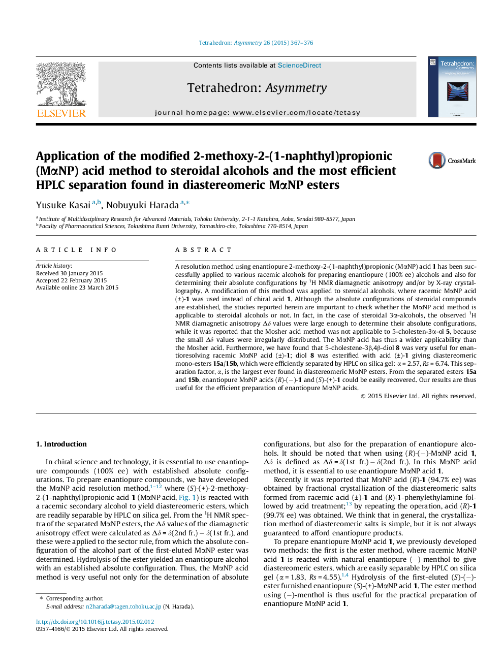 Application of the modified 2-methoxy-2-(1-naphthyl)propionic (MαNP) acid method to steroidal alcohols and the most efficient HPLC separation found in diastereomeric MαNP esters