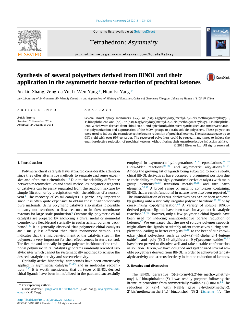 Synthesis of several polyethers derived from BINOL and their application in the asymmetric borane reduction of prochiral ketones