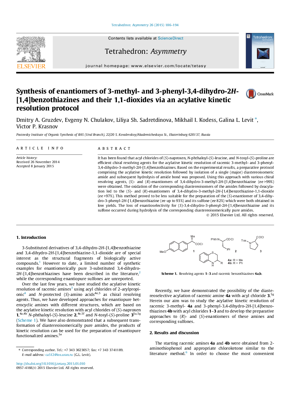 Synthesis of enantiomers of 3-methyl- and 3-phenyl-3,4-dihydro-2H-[1,4]benzothiazines and their 1,1-dioxides via an acylative kinetic resolution protocol