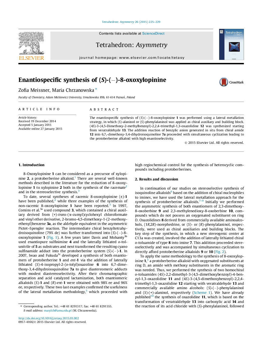 Enantiospecific synthesis of (S)-(−)-8-oxoxylopinine