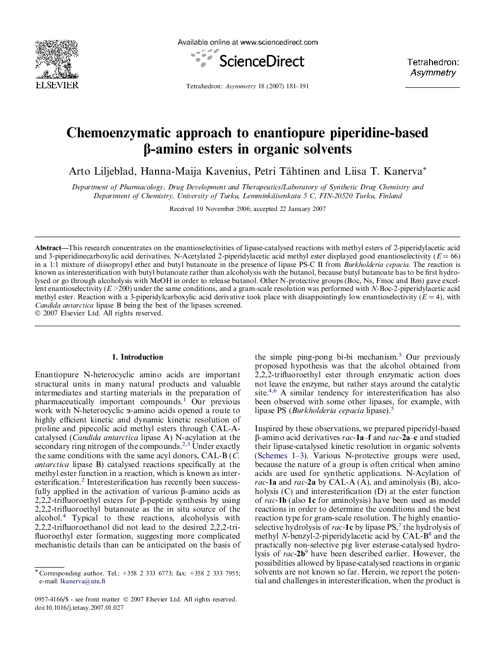 Chemoenzymatic approach to enantiopure piperidine-based β-amino esters in organic solvents