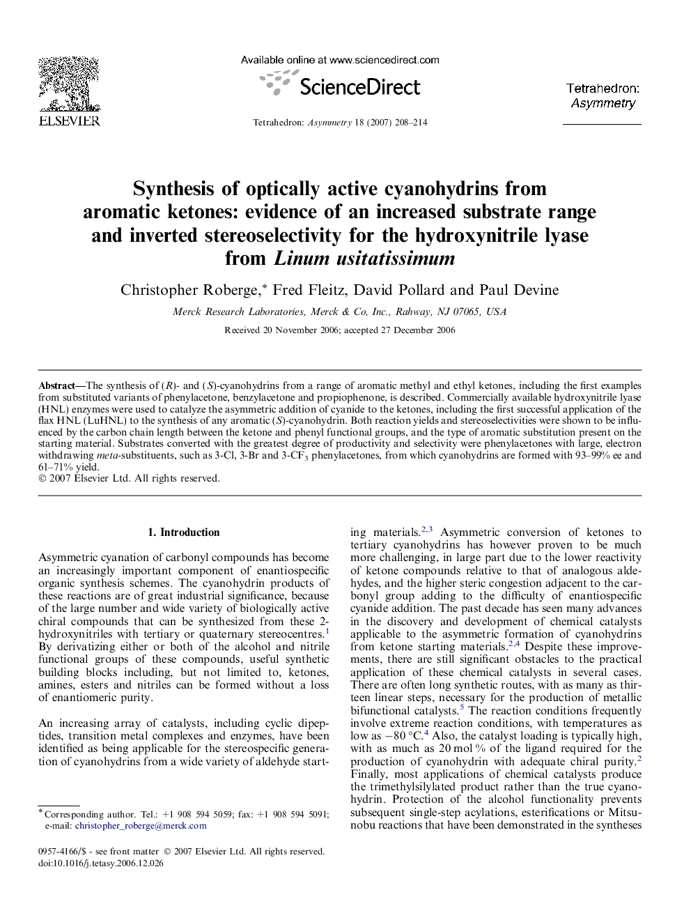 Synthesis of optically active cyanohydrins from aromatic ketones: evidence of an increased substrate range and inverted stereoselectivity for the hydroxynitrile lyase from Linum usitatissimum