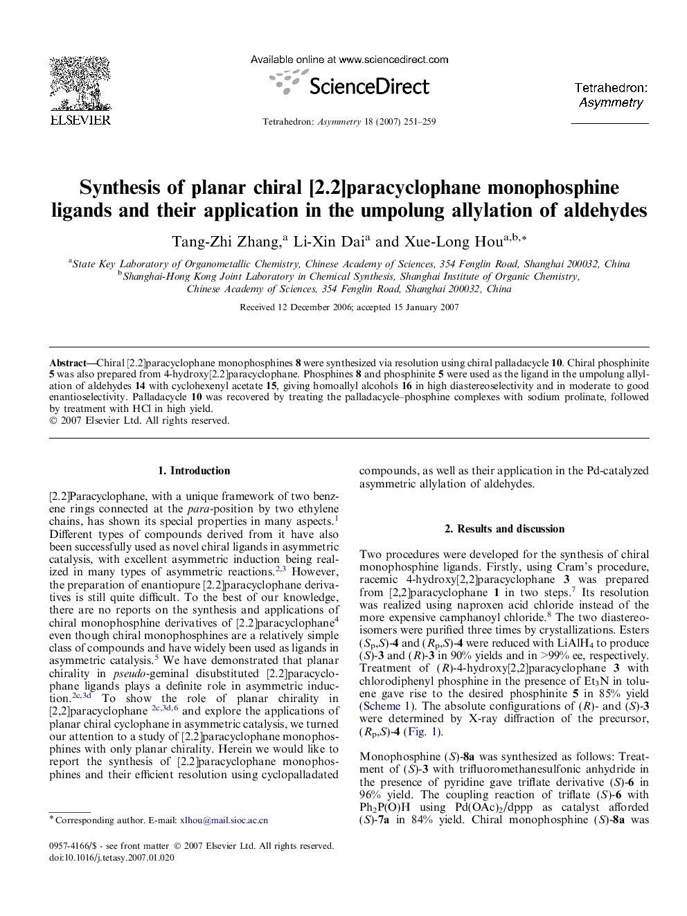 Synthesis of planar chiral [2.2]paracyclophane monophosphine ligands and their application in the umpolung allylation of aldehydes
