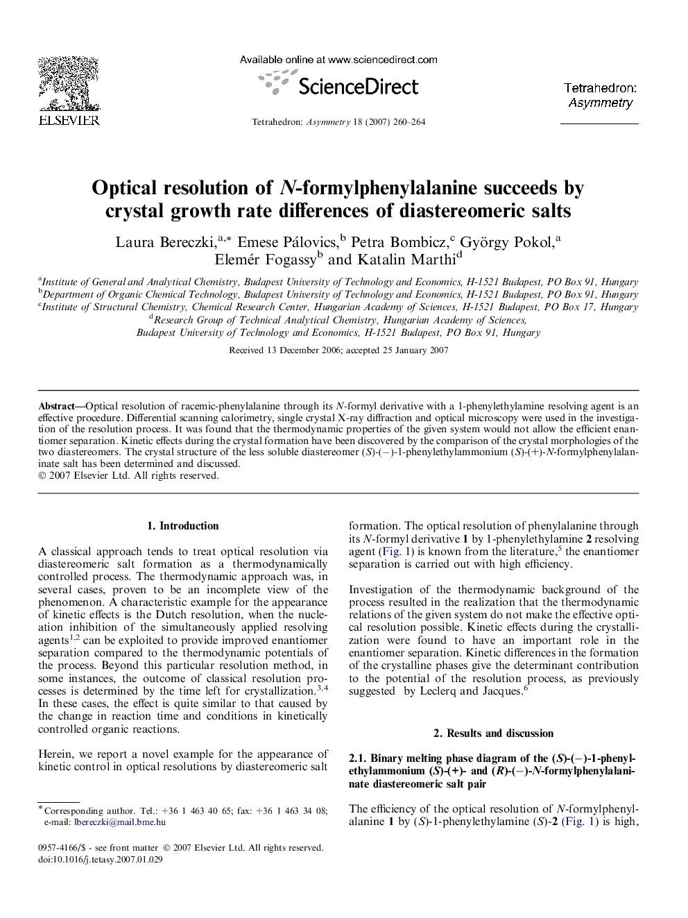 Optical resolution of N-formylphenylalanine succeeds by crystal growth rate differences of diastereomeric salts