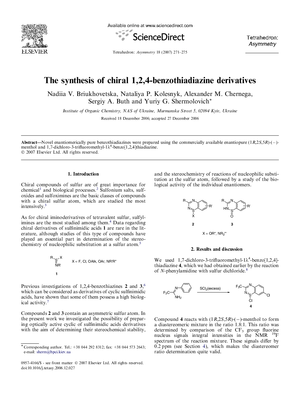 The synthesis of chiral 1,2,4-benzothiadiazine derivatives