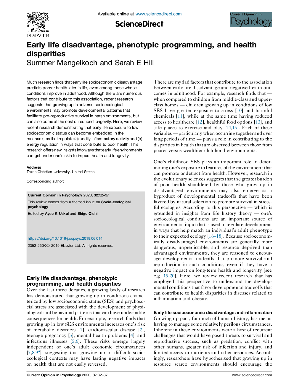 Early life disadvantage, phenotypic programming, and health disparities