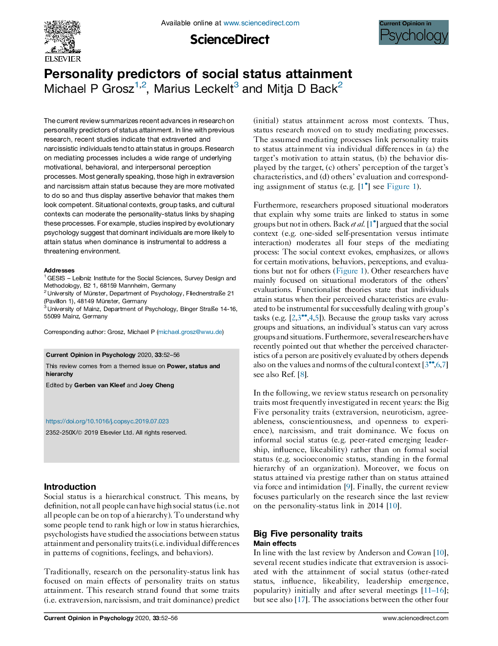 Personality predictors of social status attainment
