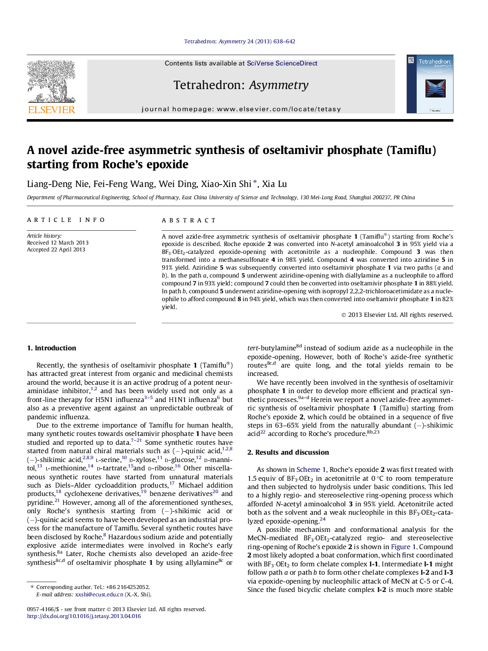 A novel azide-free asymmetric synthesis of oseltamivir phosphate (Tamiflu) starting from Roche’s epoxide