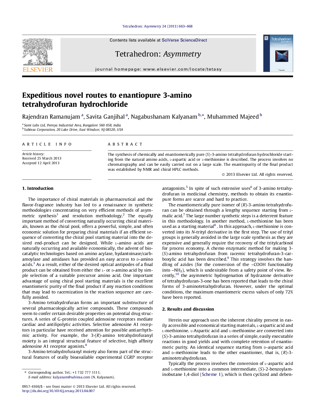 Expeditious novel routes to enantiopure 3-amino tetrahydrofuran hydrochloride