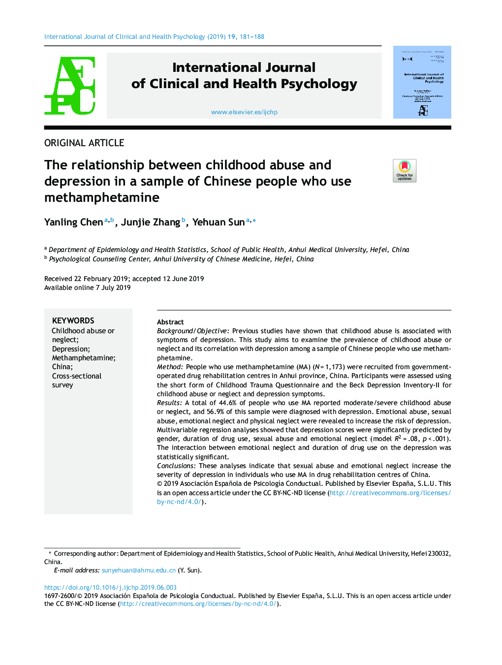 The relationship between childhood abuse and depression in a sample of Chinese people who use methamphetamine