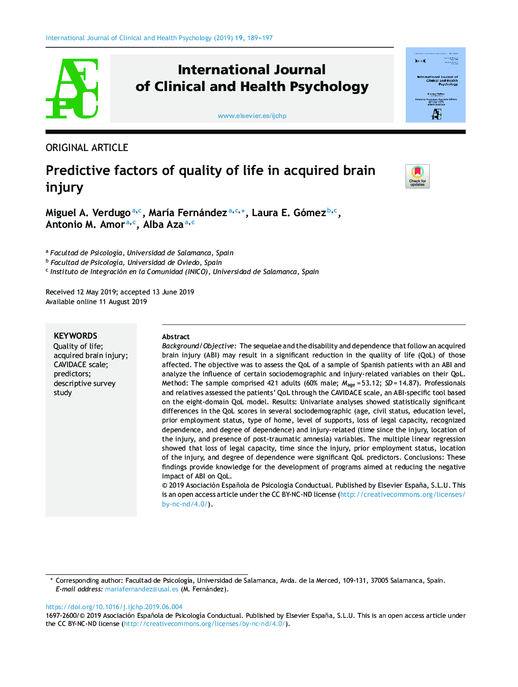 Predictive factors of quality of life in acquired brain injury