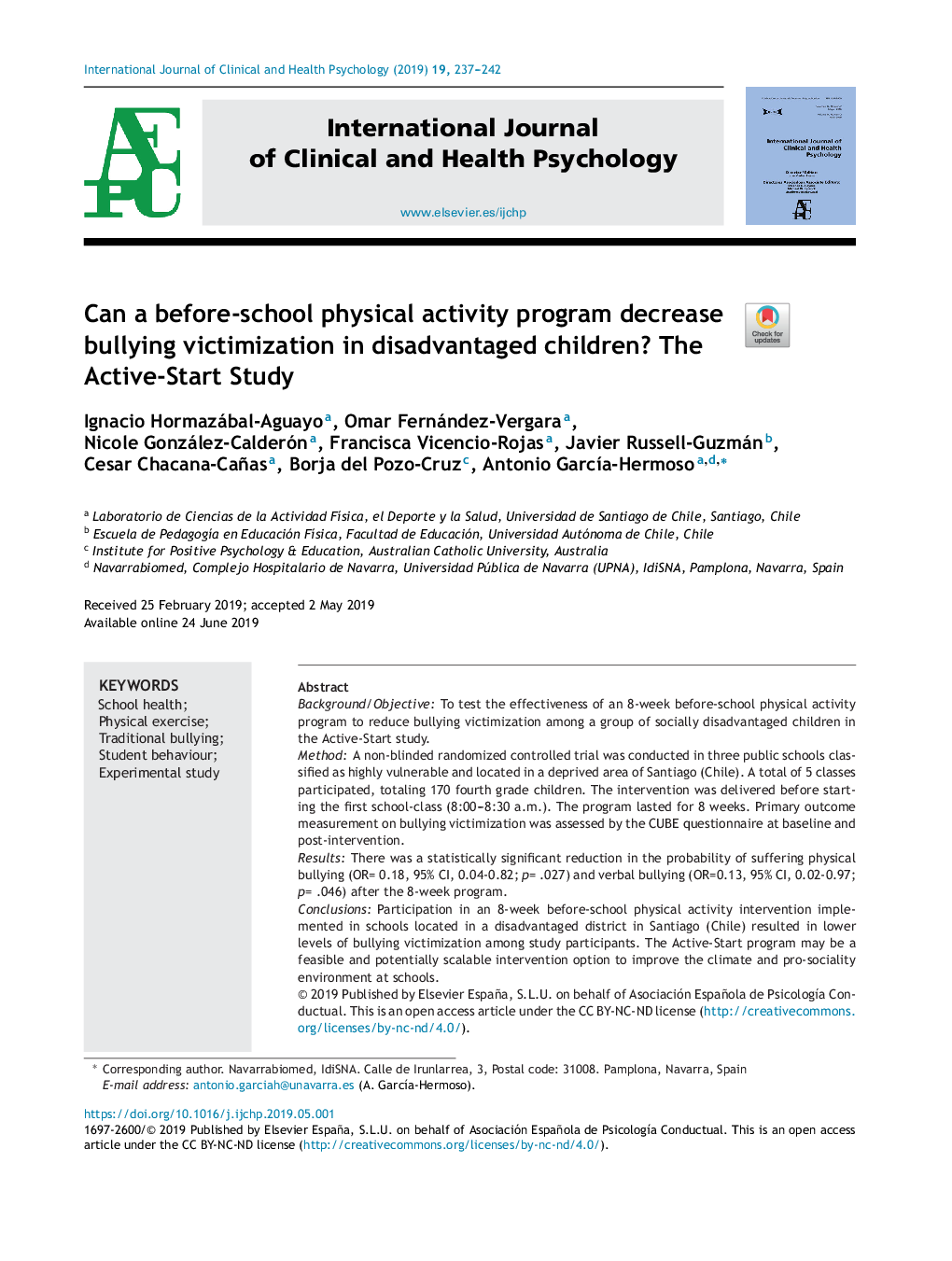 Can a before-school physical activity program decrease bullying victimization in disadvantaged children? The Active-Start Study