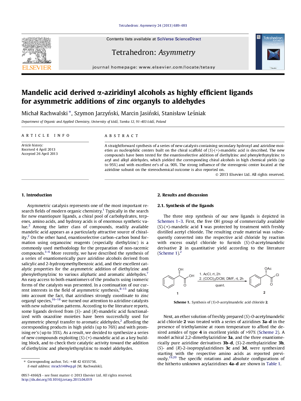 Mandelic acid derived α-aziridinyl alcohols as highly efficient ligands for asymmetric additions of zinc organyls to aldehydes