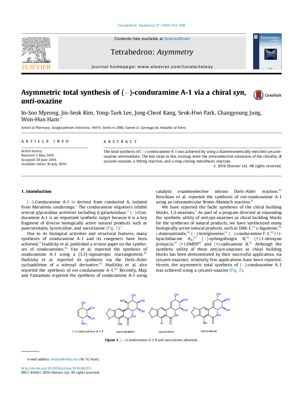 Asymmetric total synthesis of (−)-conduramine A-1 via a chiral syn,anti-oxazine