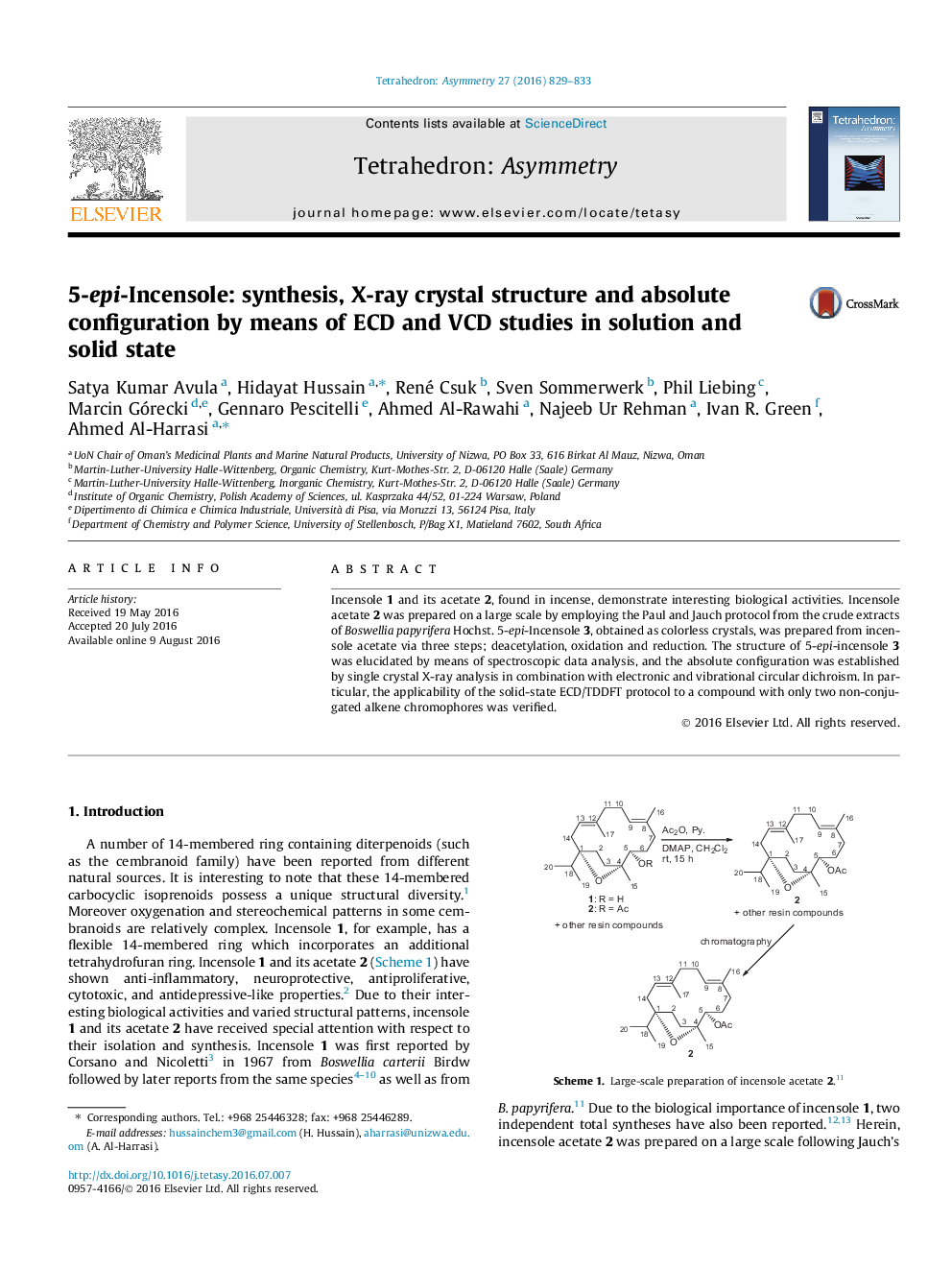5-epi-Incensole: synthesis, X-ray crystal structure and absolute configuration by means of ECD and VCD studies in solution and solid state