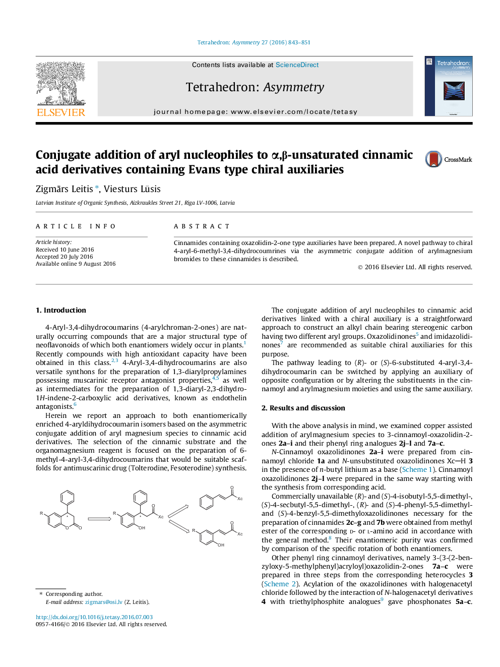 Conjugate addition of aryl nucleophiles to α,β-unsaturated cinnamic acid derivatives containing Evans type chiral auxiliaries