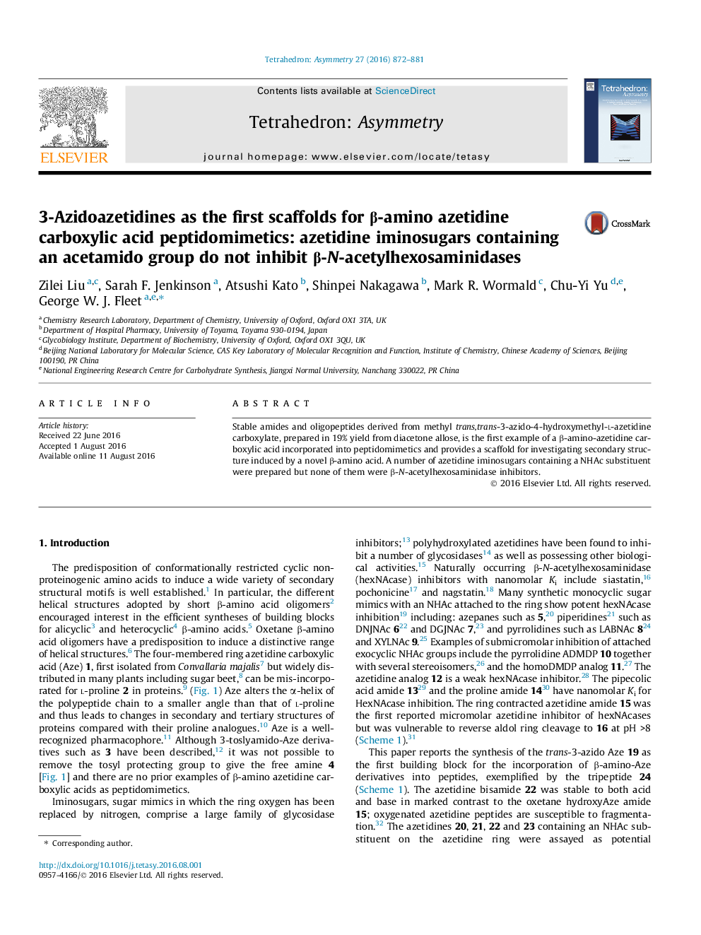 3-Azidoazetidines as the first scaffolds for β-amino azetidine carboxylic acid peptidomimetics: azetidine iminosugars containing an acetamido group do not inhibit β-N-acetylhexosaminidases