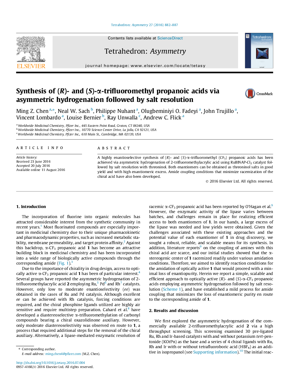 Synthesis of (R)- and (S)-α-trifluoromethyl propanoic acids via asymmetric hydrogenation followed by salt resolution