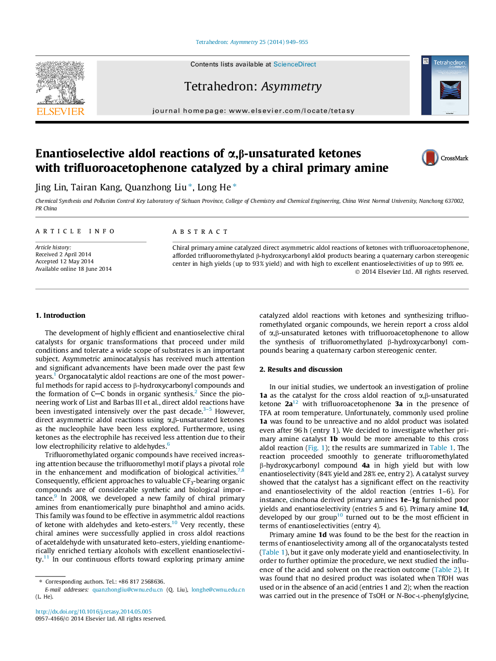 Enantioselective aldol reactions of α,β-unsaturated ketones with trifluoroacetophenone catalyzed by a chiral primary amine