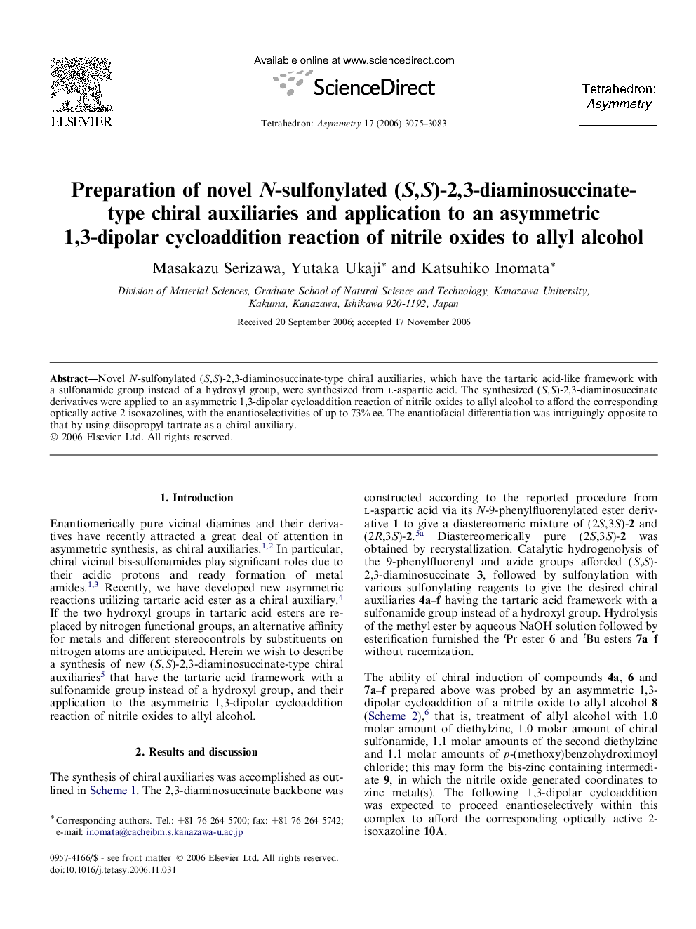 Preparation of novel N-sulfonylated (S,S)-2,3-diaminosuccinate-type chiral auxiliaries and application to an asymmetric 1,3-dipolar cycloaddition reaction of nitrile oxides to allyl alcohol